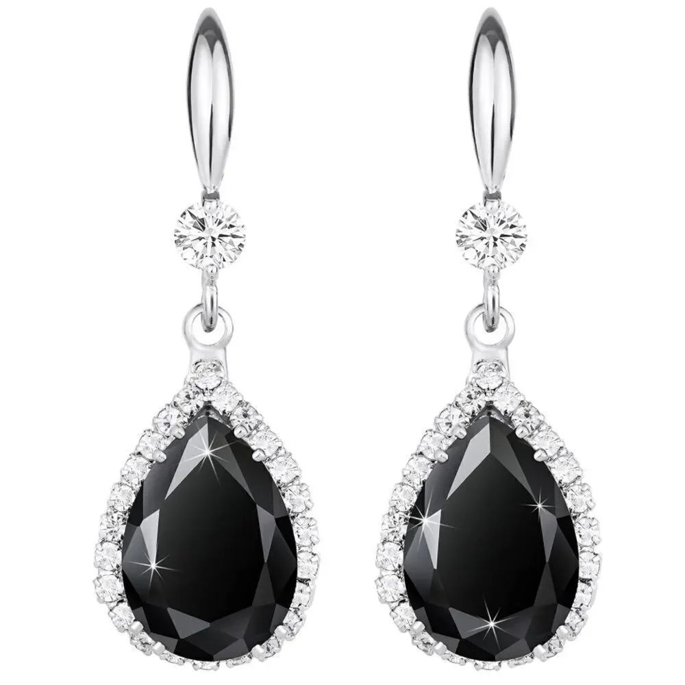 14K White Gold with Black Onyx Cubic Zirconia Teardrop Hook Dangling Earrings
